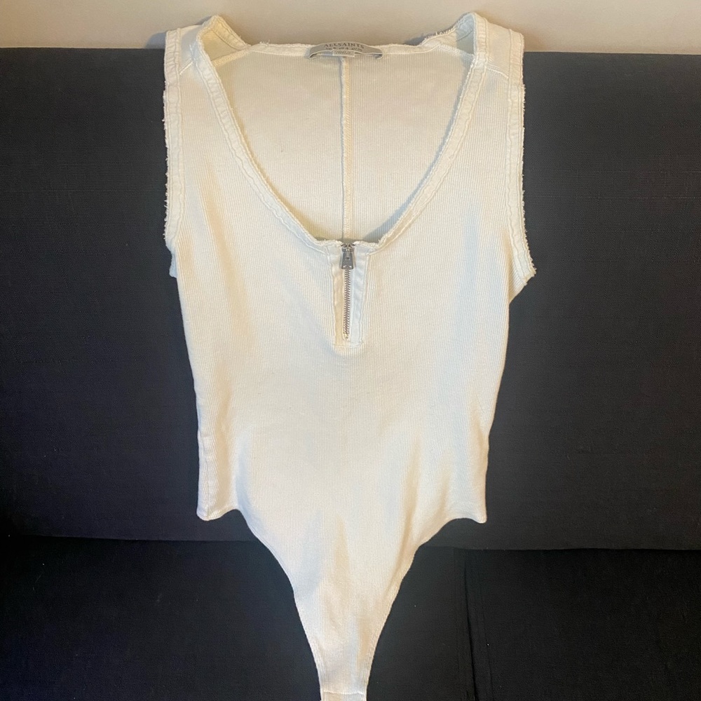 AllSaints White Zipper Ripped Bodysuit
